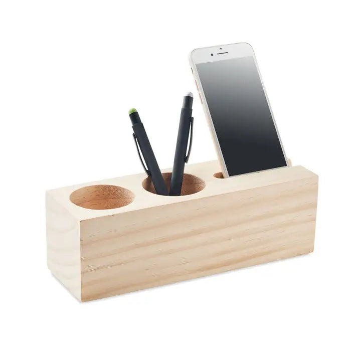 Suport de birou din lemn deschis cu trei compartimente circulare pentru pixuri si smartphone cu kit de seminte