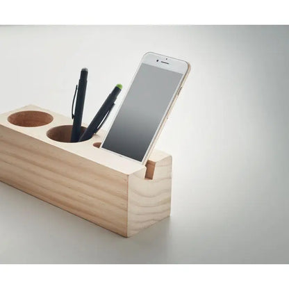 Suport de birou din lemn deschis cu trei compartimente circulare pentru pixuri si smartphone si kit de seminte