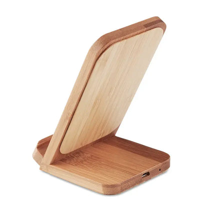 Suport de incarcare fara fir din bambus 5w maro deschis cu design minimalist si margini rotunjite