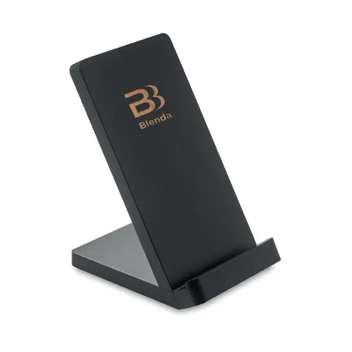Suport de incarcare fara fir din bambus 5w negru cu design minimalist si logo auriu pentru incarcarea wireless