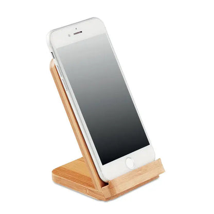 Suport de incarcare fara fir din bambus 5w cu finisaj natural, stand minimalist sustinand un iphone