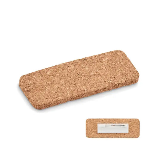 Suport eticheta cu numele din pluta dreptunghiulara maro, vedere din spate cu sistem de prindere metalic si plastic alb