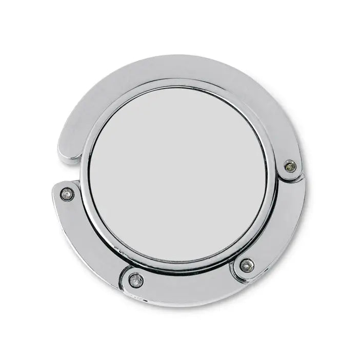 Suport geanta de mana circular cromat cu suprafata oglinda reflectorizanta si patru suruburi pentru birou