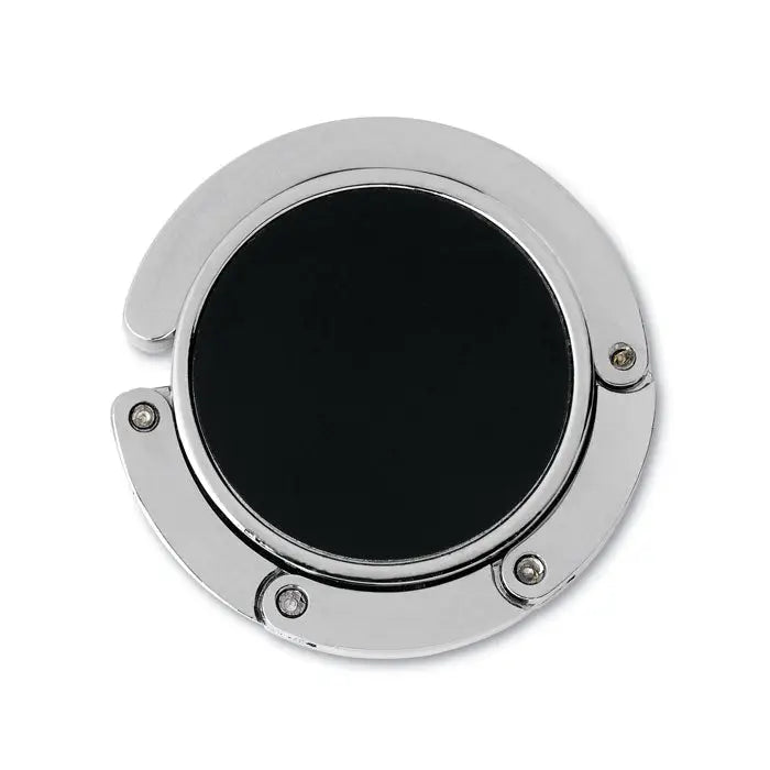 Suport geanta de mana pentru birou cu carlig circular argintiu si panou central negru fixat cu suruburi