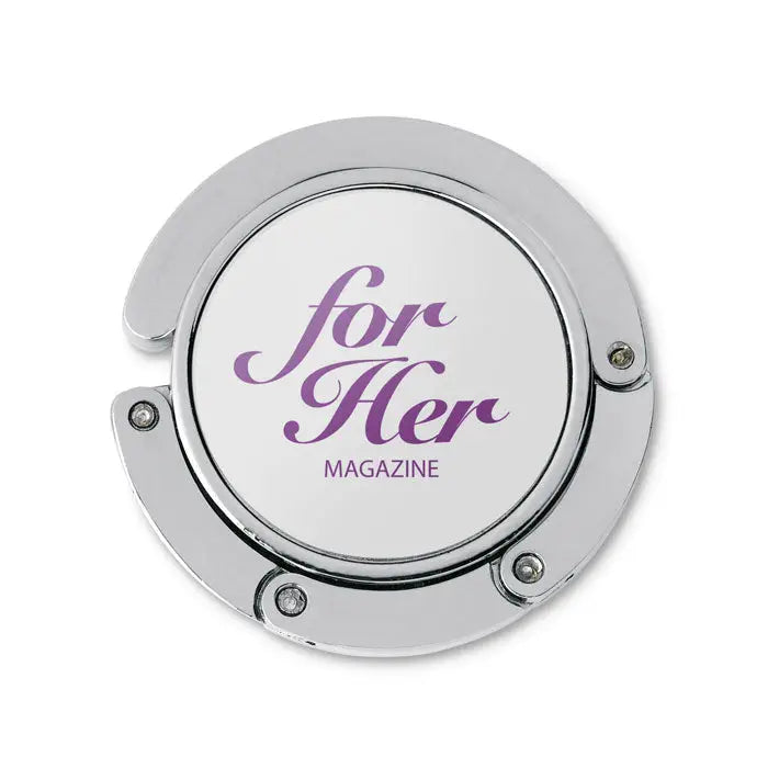 Suport geanta de mana pentru biroul tau in forma circulara din crom cu centru alb si logo for her magazine mov elegant