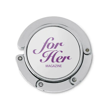 Suport geanta de mana pentru biroul tau in forma circulara din crom cu centru alb si logo for her magazine mov elegant