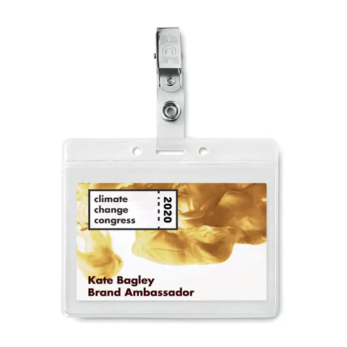 Suport insigna din pvc transparent cu clips metalic argintiu si eticheta pentru climate change congress 2020 kate bagley brand ambassador
