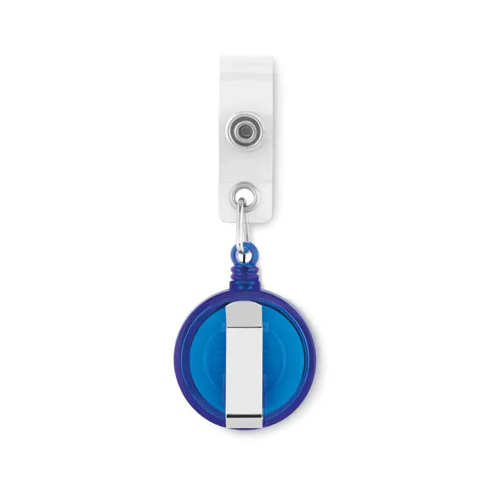 Suport insigna albastru circular retractabil cu clips metalic argintiu si carcasa transparenta din plastic