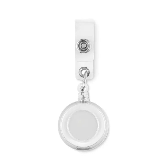 Suport insigna transparent circular cu clip alb din plastic si componente metalice argintii