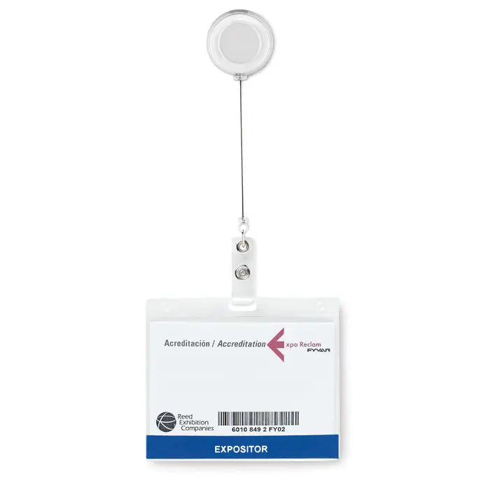 Suport insigna din plastic alb cu snur retractabil transparent si clips metalic argintiu pentru expozanti