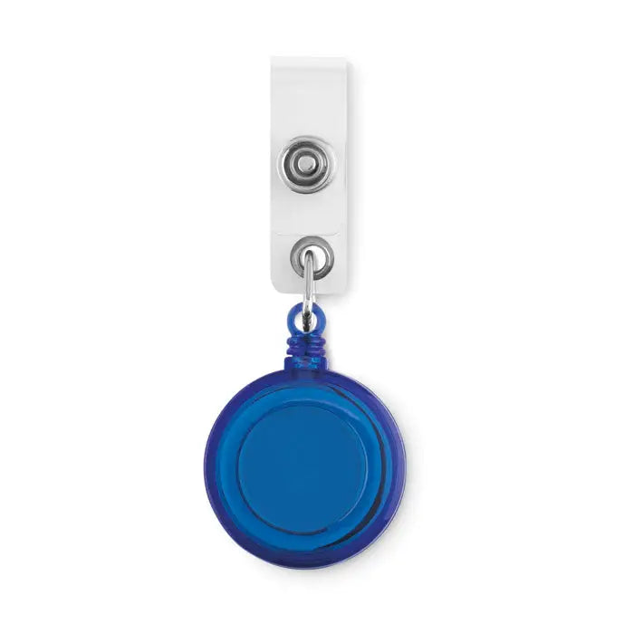 Suport insigna albastru transparent circular retractabil cu clips alb din plastic pentru identificare