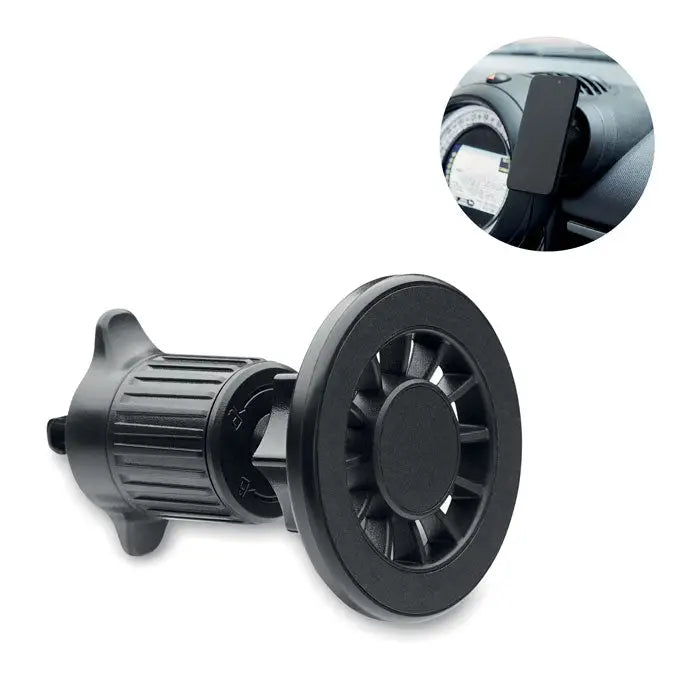 Suport magnetic pentru telefon din plastic negru cu clemă ajustabilă și bază circulară cu ventuză