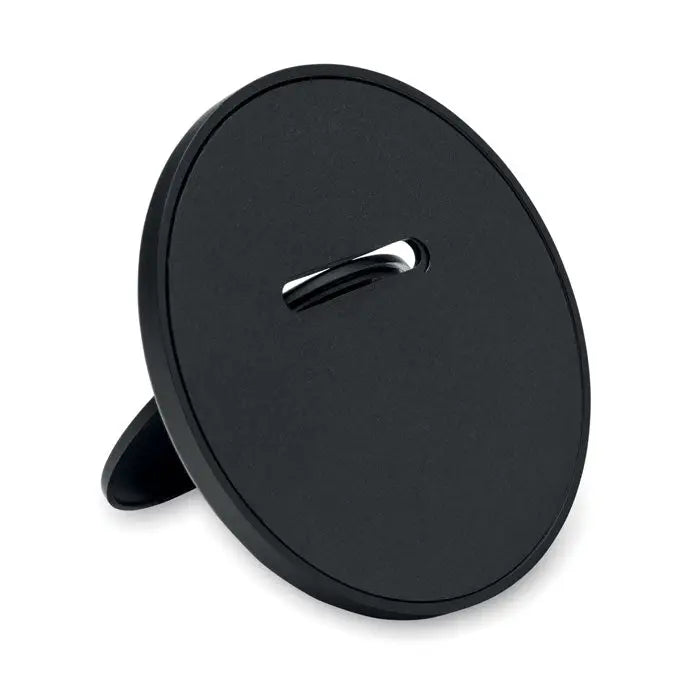 Suport magnetic pentru telefon negru circular cu design minimalist si inchidere magnetica argintie