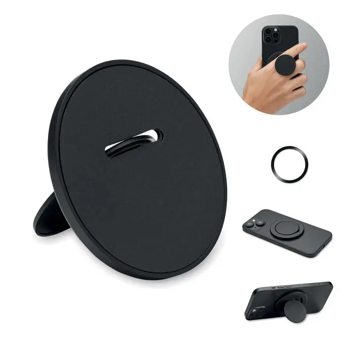 Suport magnetic pentru telefon negru circular cu design minimalist si accent inel metalic