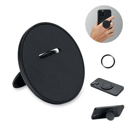 Suport magnetic pentru telefon negru circular cu design minimalist si accent inel metalic