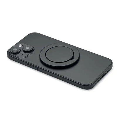 Suport magnetic pentru telefon cu carcasa neagra mata si prindere magnetica circulara pe spate
