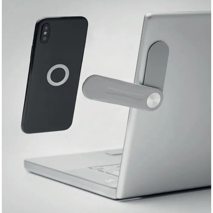 Suport magnetic pentru telefon argintiu cu design minimalist si finisaj mat pentru laptop si telefon