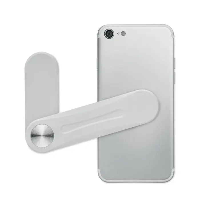 Suport magnetic pentru telefon alb din plastic cu baza circulara argintie metalica pentru fixare stabila