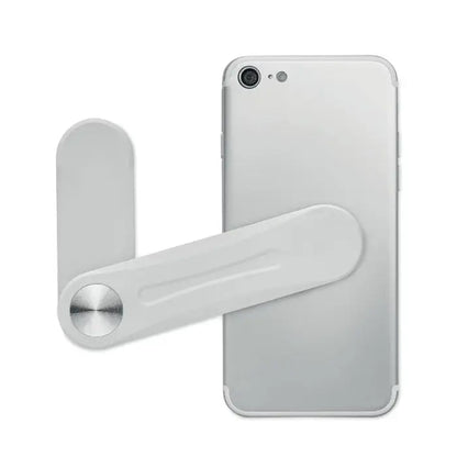 Suport magnetic pentru telefon alb din plastic cu baza circulara argintie metalica pentru fixare stabila