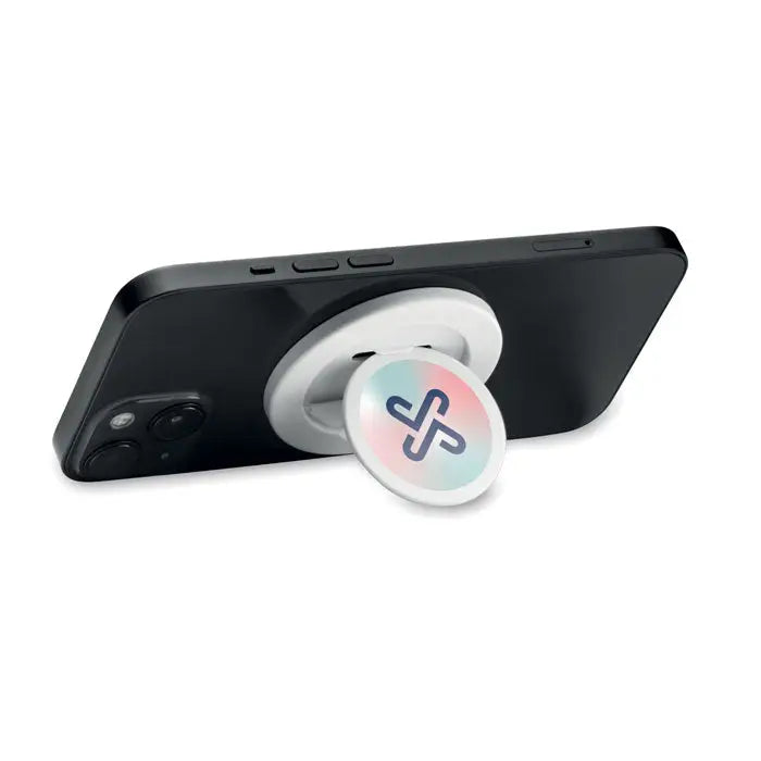Suport magnetic pentru telefon alb cu popsocket alb si logo gradient roz albastru pentru prindere sigura