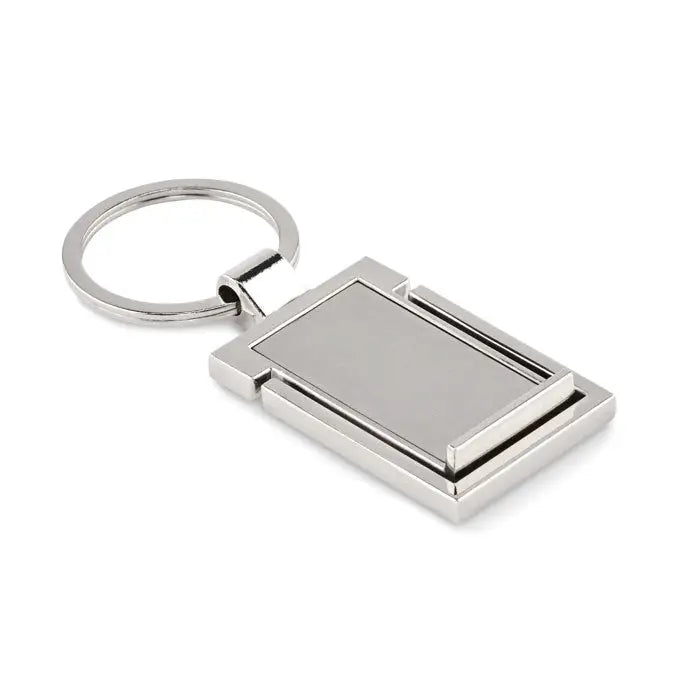 Suport metalic pentru telefon cu inel pentru chei argintiu dreptunghiular cu finisaj metalic lucios si design minimalist