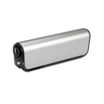 Suport multifunctional si lanterna led argintiu metalic cu capace negre si buton circular pe lateral