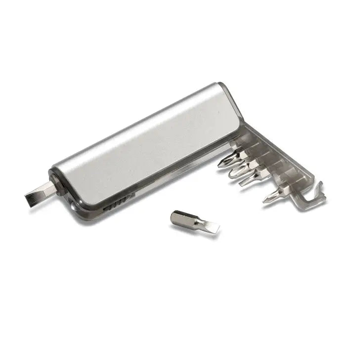 Silver multifunctional screwdriver with led flashlight compact foldable design and interchangeable bits for diverse uses