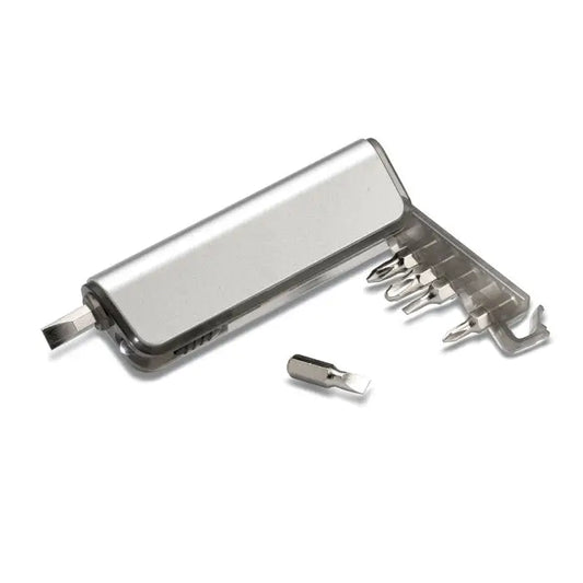Silver multifunctional screwdriver with led flashlight compact foldable design and interchangeable bits for diverse uses