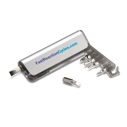Suport multifunctional si lanterna led argintie din metal cu mai multe capete de surubelnita si logo brand