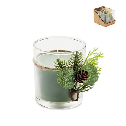 Suport pentru lumanari de craciun cu lumanare verde salvie in vas de sticla transparent si decoratiuni de crengute si frunze artificiale