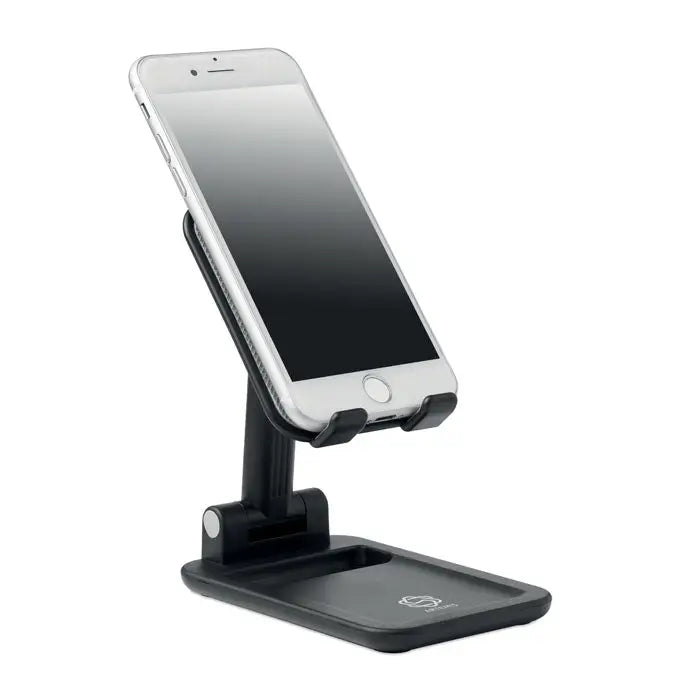 Suport pentru smartphone pliabil negru reglabil din metal ținând un iphone argintiu