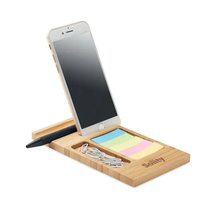 Suport pentru telefon de birou din bambus deschis cu organizer integrat, notite colorate pastel si loc pentru pix negru