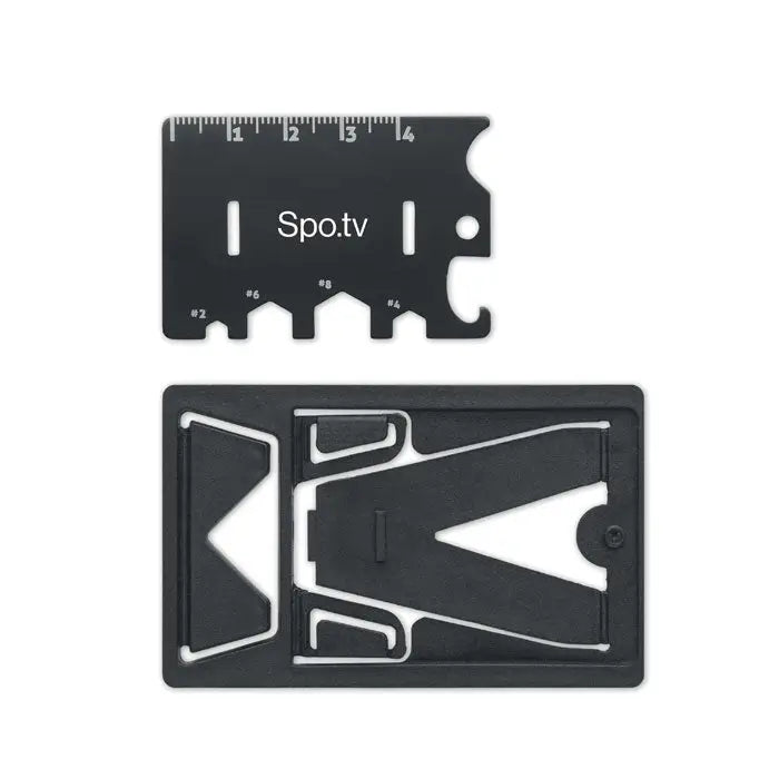 Suport pentru telefon de buzunar negru din metal cu multiple instrumente si rigla, brand spo.tv