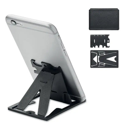 Suport pentru telefon de buzunar negru pliabil cu design card multi-instrument integrat din metal