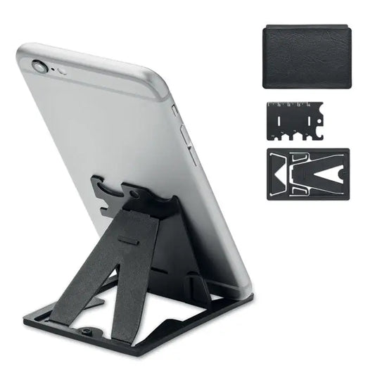 Suport pentru telefon de buzunar negru pliabil cu design card multi-instrument integrat din metal
