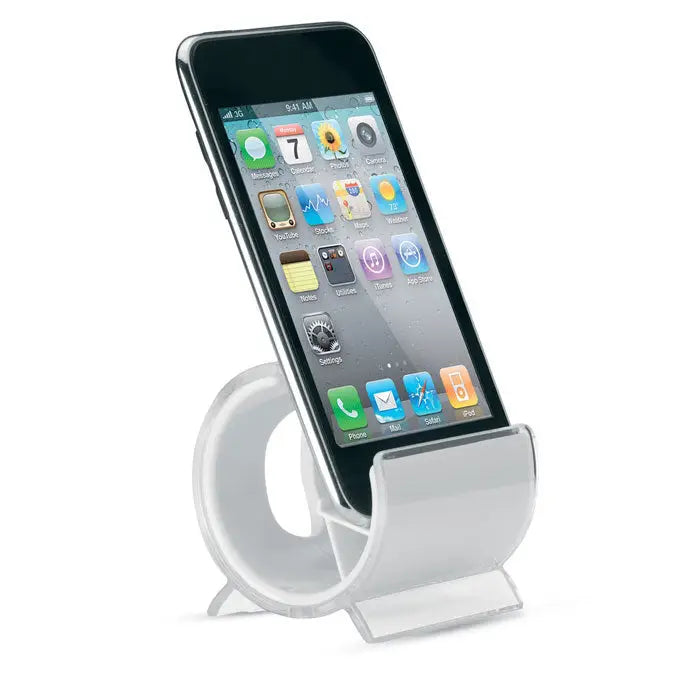 Suport pentru telefon din acril transparent ținând un iphone negru