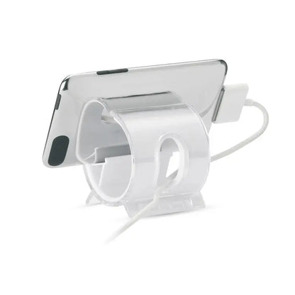 Suport pentru telefon transparent din acril cu port integrat de incarcare si management de cablu