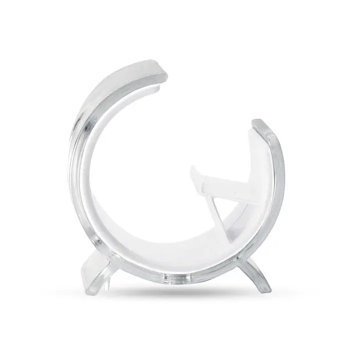 Suport pentru telefon din acril transparent cu design curbat si accente metalice argintii