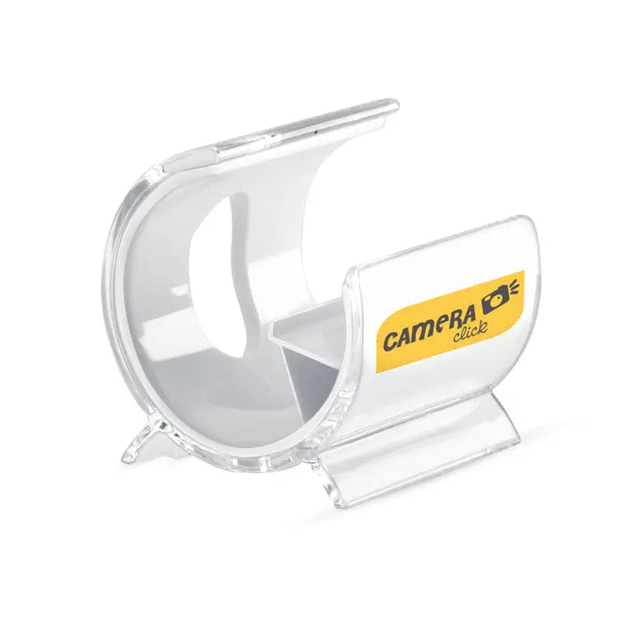 Suport pentru telefon din plastic transparent cu logo galben camera click pe partea laterala