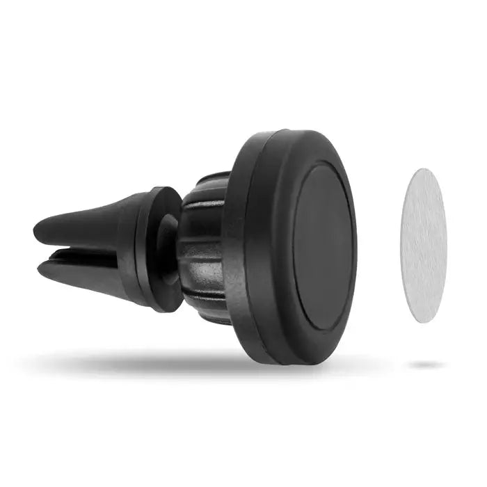 Suport pentru telefon negru din plastic pentru ventilatie auto cu baza magnetica circulara si pad adeziv argintiu