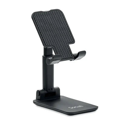 Suport pentru telefon pliabil din abs negru cu suprafata texturata si unghi reglabil pentru fixare usoara