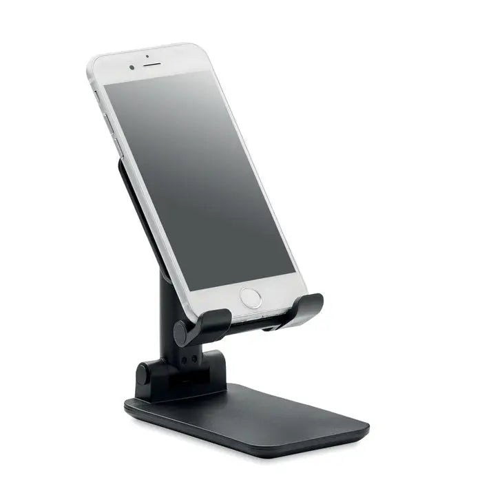 Suport pentru telefon pliabil din abs negru reglabil tinand un iphone argintiu