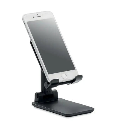 Suport pentru telefon pliabil din abs negru reglabil tinand un iphone argintiu
