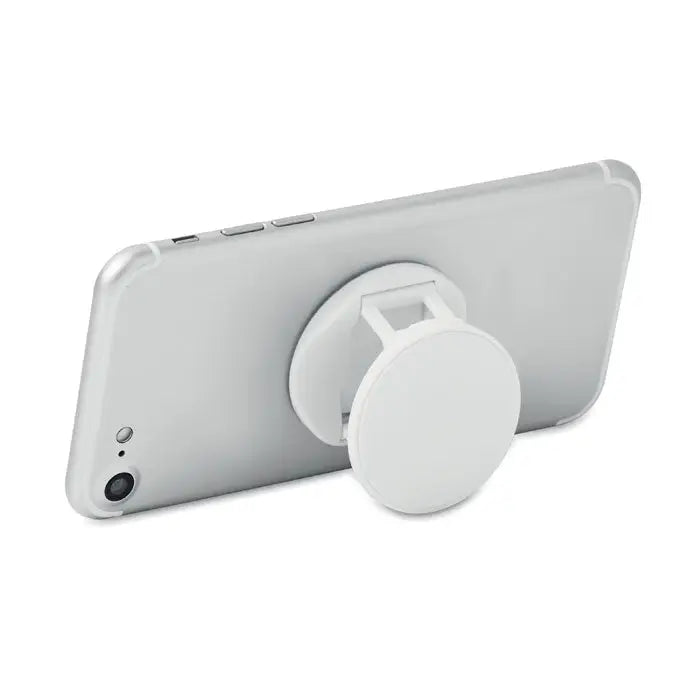 Suport rotund pentru telefon alb din silicon montat pe spatele unui smartphone argintiu
