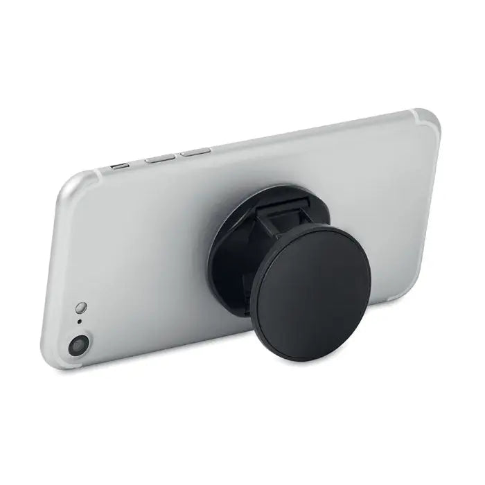 Suport rotund pentru telefon negru pe spatele unui smartphone argintiu cu grip popsocket