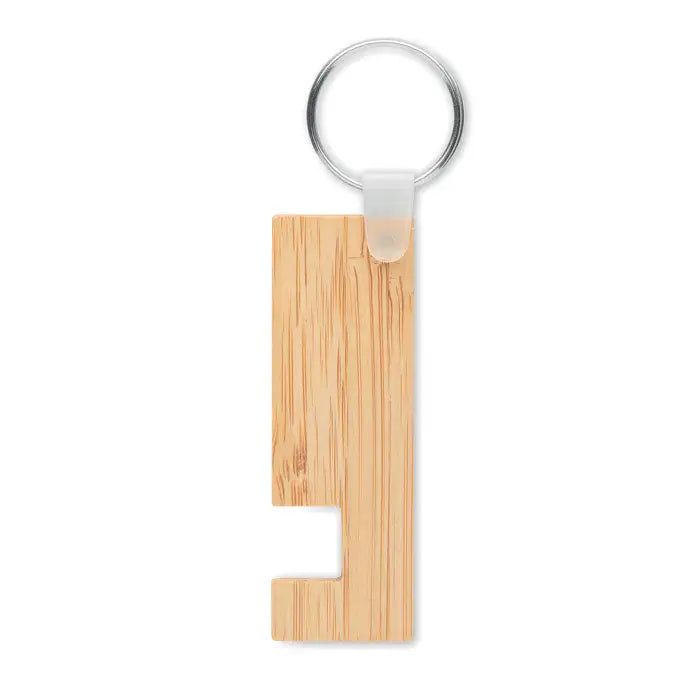 Suport si breloc din bambus maro deschis cu design minimalist si inel metalic argintiu pentru chei