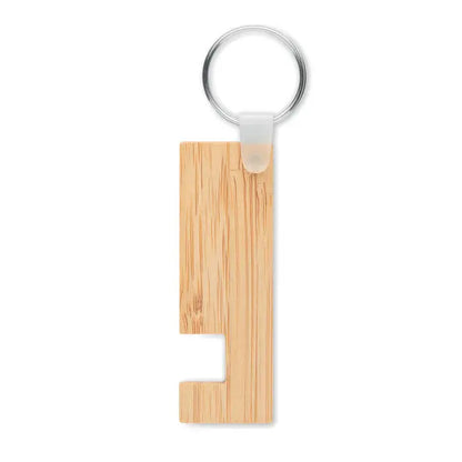Suport si breloc din bambus maro deschis cu design minimalist si inel metalic argintiu pentru chei