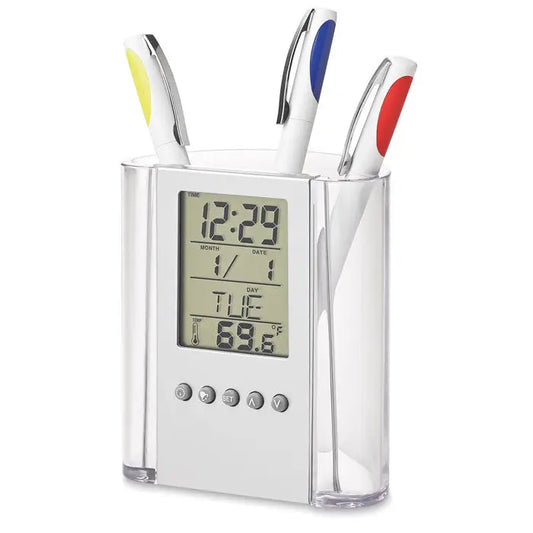 Suport stilou transparent din acril cu calendar digital afisand ora data si temperatura