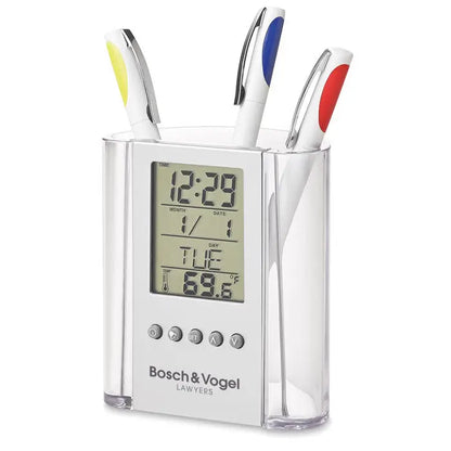 Suport stilou din acril transparent cu ceas digital integrat si calendar pe panoul frontal alb