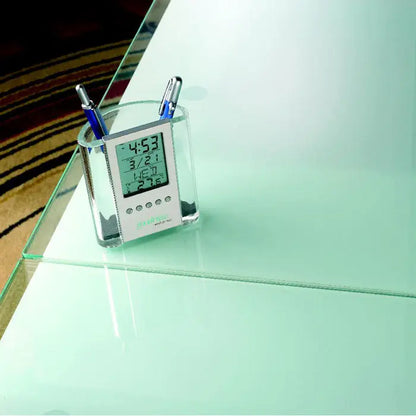 Suport stilou transparent din sticla cu display digital ce arata ora, data si temperatura